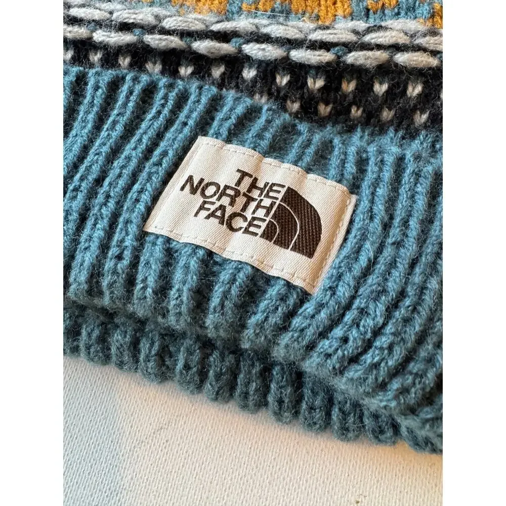 The North Face Fair Isle Pom Pom Beanie Teal Mustard Black Winter Knit Hat